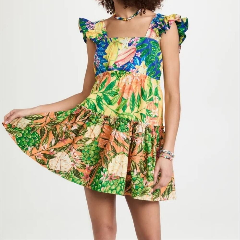 FARM Rio Orange Yellow Blue Caipirinha Tiered Mini Dress Size Small